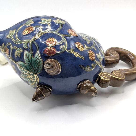 Vintage Painted Footed Ceramic Decorative Asian Teapot Oriental Accent Inc Blue - Picture 9 of 9